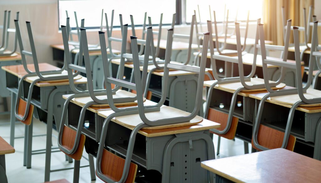 Empty classroom with chairs, desks after cleaning room